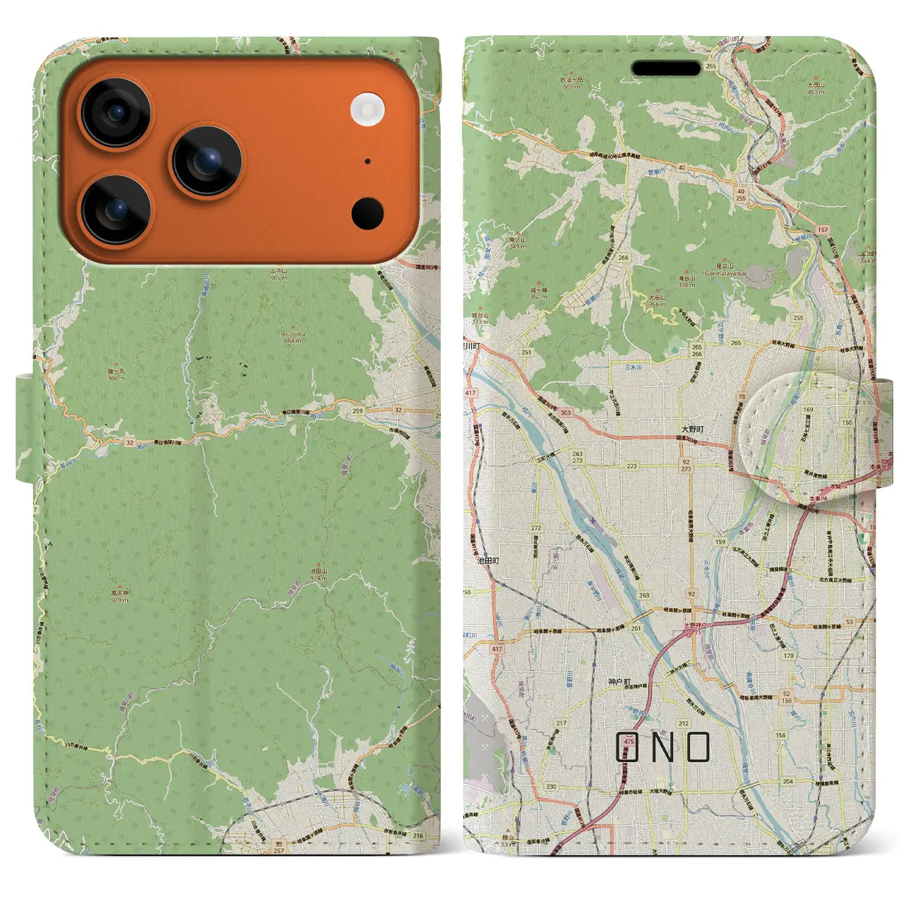 【大野（岐阜県）】地図柄iPhoneケース（手帳タイプ）モノトーン・iPhone 17 Pro Max 用