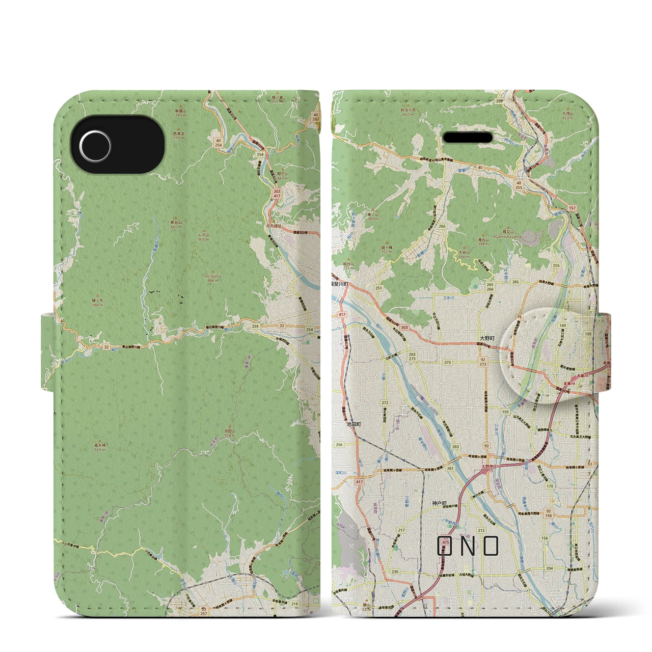 【大野（岐阜県）】地図柄iPhoneケース（手帳タイプ）