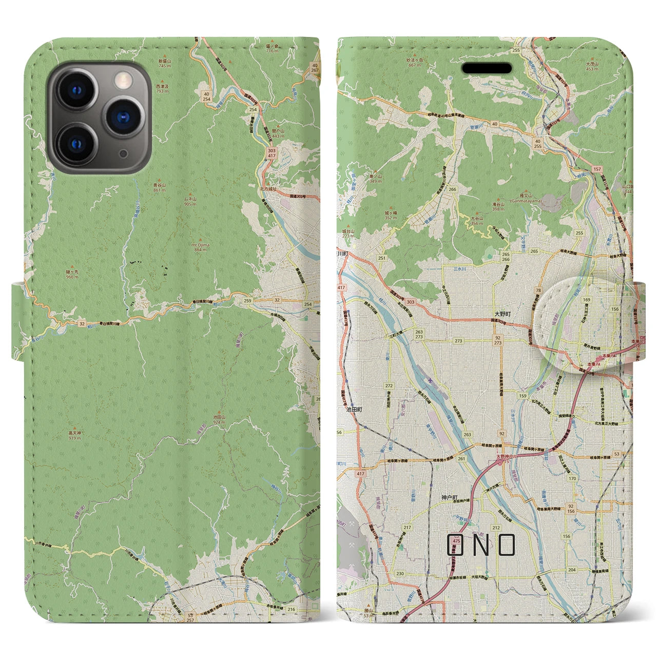 【大野（岐阜県）】地図柄iPhoneケース（手帳タイプ）