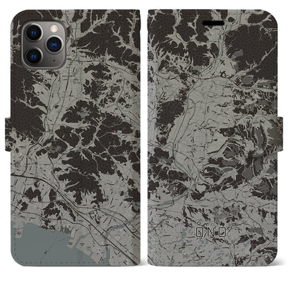 【小野（兵庫県）】地図柄iPhoneケース（手帳タイプ）モノトーン・iPhone 11 Pro Max 用