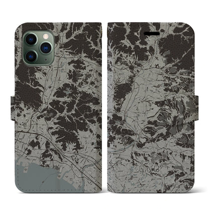 【小野（兵庫県）】地図柄iPhoneケース（手帳タイプ）モノトーン・iPhone 11 Pro 用