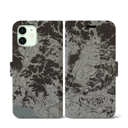 【小野（兵庫県）】地図柄iPhoneケース（手帳タイプ）モノトーン・iPhone 12 mini 用