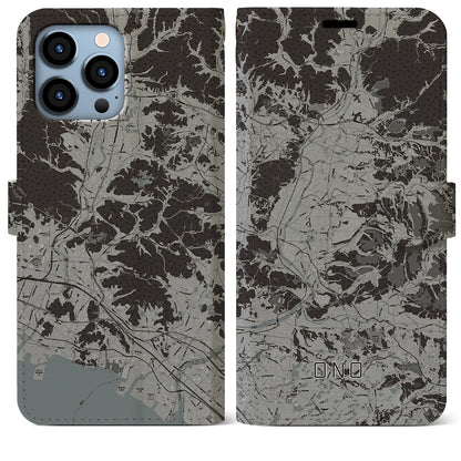 【小野（兵庫県）】地図柄iPhoneケース（手帳タイプ）モノトーン・iPhone 13 Pro Max 用