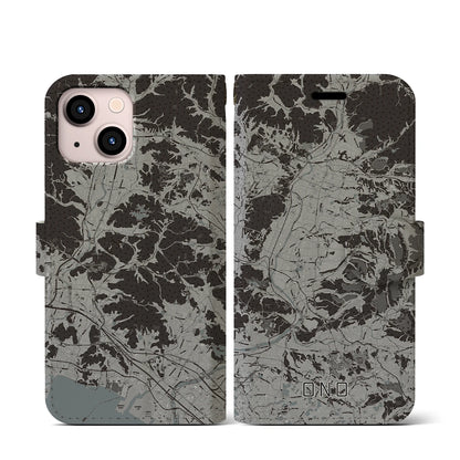 【小野（兵庫県）】地図柄iPhoneケース（手帳タイプ）モノトーン・iPhone 13 mini 用