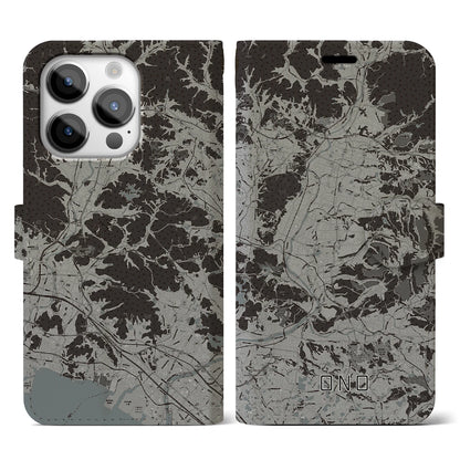 【小野（兵庫県）】地図柄iPhoneケース（手帳タイプ）モノトーン・iPhone 14 Pro 用