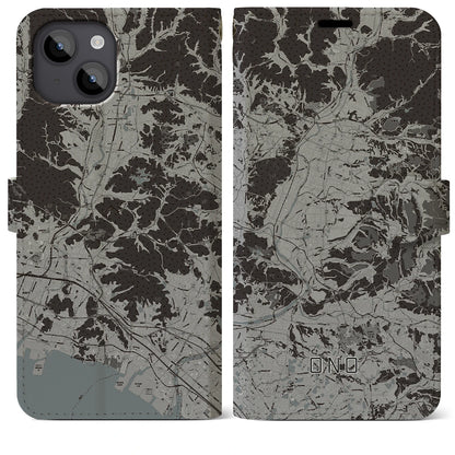 【小野（兵庫県）】地図柄iPhoneケース（手帳タイプ）モノトーン・iPhone 14 Plus 用