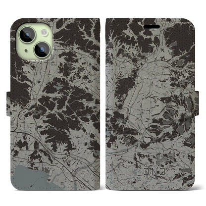 【小野（兵庫県）】地図柄iPhoneケース（手帳タイプ）モノトーン・iPhone 15 用