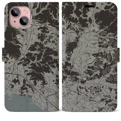 【小野（兵庫県）】地図柄iPhoneケース（手帳タイプ）モノトーン・iPhone 15 Plus 用