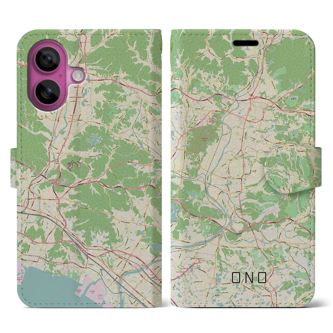 【小野（兵庫県）】地図柄iPhoneケース（手帳タイプ）ナチュラル・iPhone 16 Pro 用