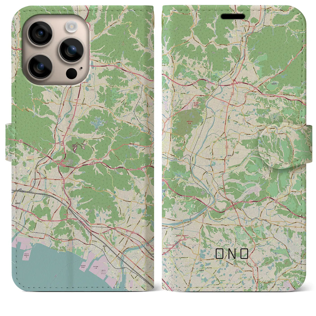 【小野（兵庫県）】地図柄iPhoneケース（手帳タイプ）ナチュラル・iPhone 16 Plus 用