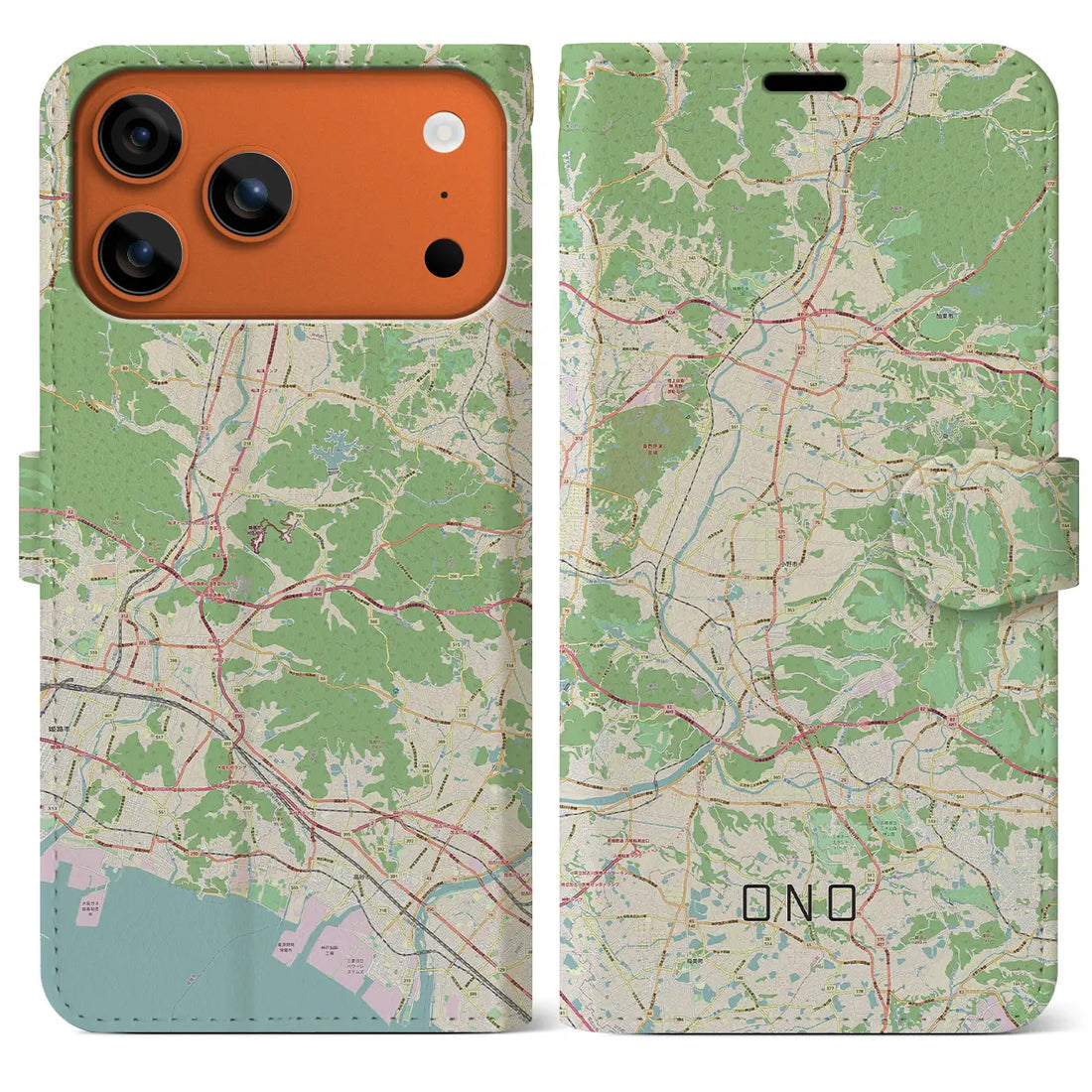 【小野（兵庫県）】地図柄iPhoneケース（手帳タイプ）モノトーン・iPhone 17 Pro Max 用