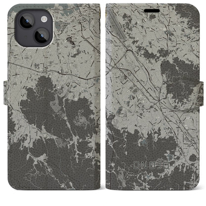 【大野城（福岡県）】地図柄iPhoneケース（手帳タイプ）モノトーン・iPhone 14 Plus 用