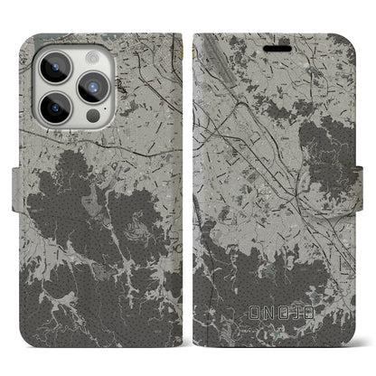 【大野城（福岡県）】地図柄iPhoneケース（手帳タイプ）モノトーン・iPhone 15 Pro 用