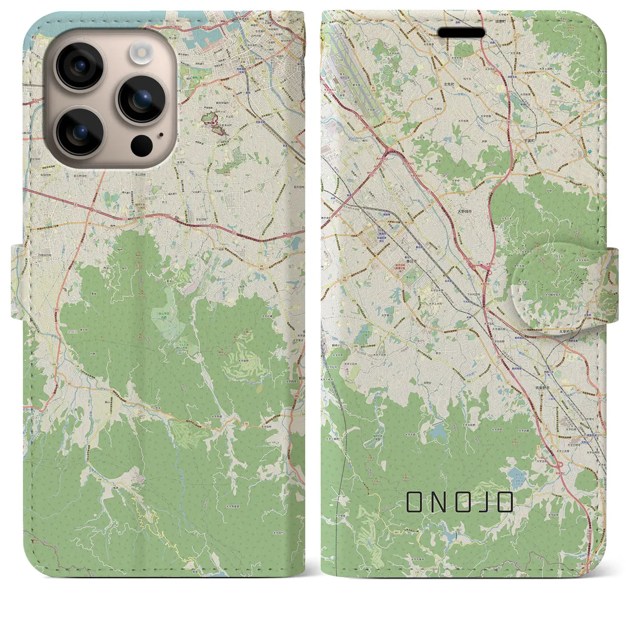 【大野城（福岡県）】地図柄iPhoneケース（手帳タイプ）ナチュラル・iPhone 16 Plus 用