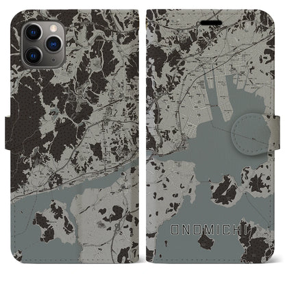 【尾道（広島県）】地図柄iPhoneケース（手帳タイプ）モノトーン・iPhone 11 Pro Max 用