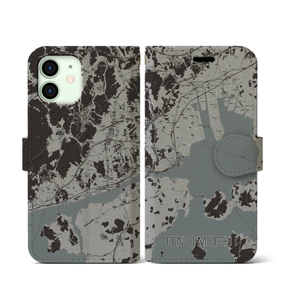 【尾道（広島県）】地図柄iPhoneケース（手帳タイプ）モノトーン・iPhone 12 mini 用