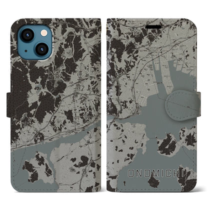 【尾道（広島県）】地図柄iPhoneケース（手帳タイプ）モノトーン・iPhone 13 用