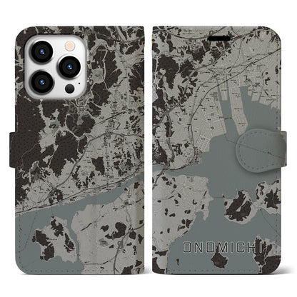 【尾道（広島県）】地図柄iPhoneケース（手帳タイプ）モノトーン・iPhone 13 Pro 用