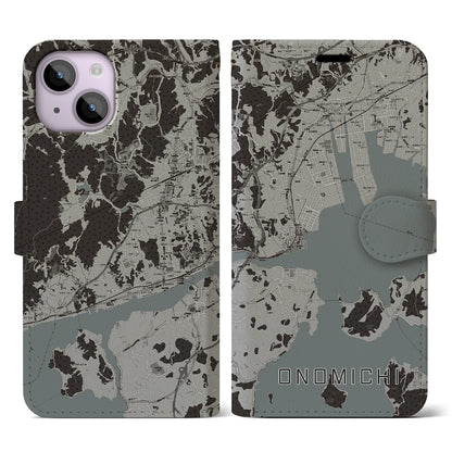 【尾道（広島県）】地図柄iPhoneケース（手帳タイプ）モノトーン・iPhone 14 用