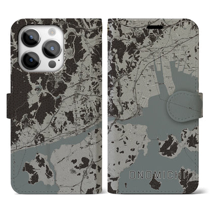 【尾道（広島県）】地図柄iPhoneケース（手帳タイプ）モノトーン・iPhone 14 Pro 用