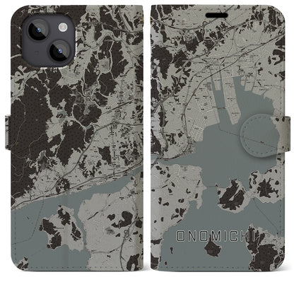 【尾道（広島県）】地図柄iPhoneケース（手帳タイプ）モノトーン・iPhone 14 Plus 用