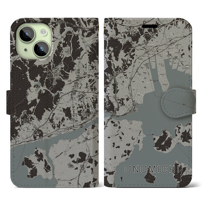 【尾道（広島県）】地図柄iPhoneケース（手帳タイプ）モノトーン・iPhone 15 用