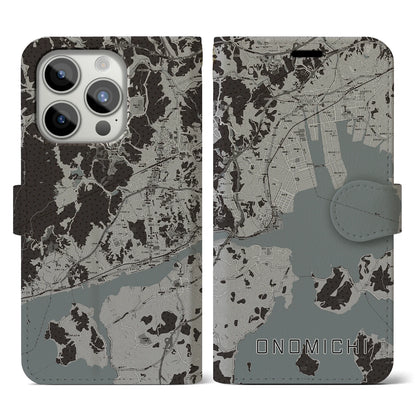 【尾道（広島県）】地図柄iPhoneケース（手帳タイプ）モノトーン・iPhone 15 Pro 用