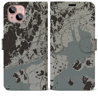 【尾道（広島県）】地図柄iPhoneケース（手帳タイプ）モノトーン・iPhone 15 Plus 用