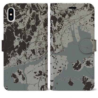 【尾道（広島県）】地図柄iPhoneケース（手帳タイプ）モノトーン・iPhone XS Max 用