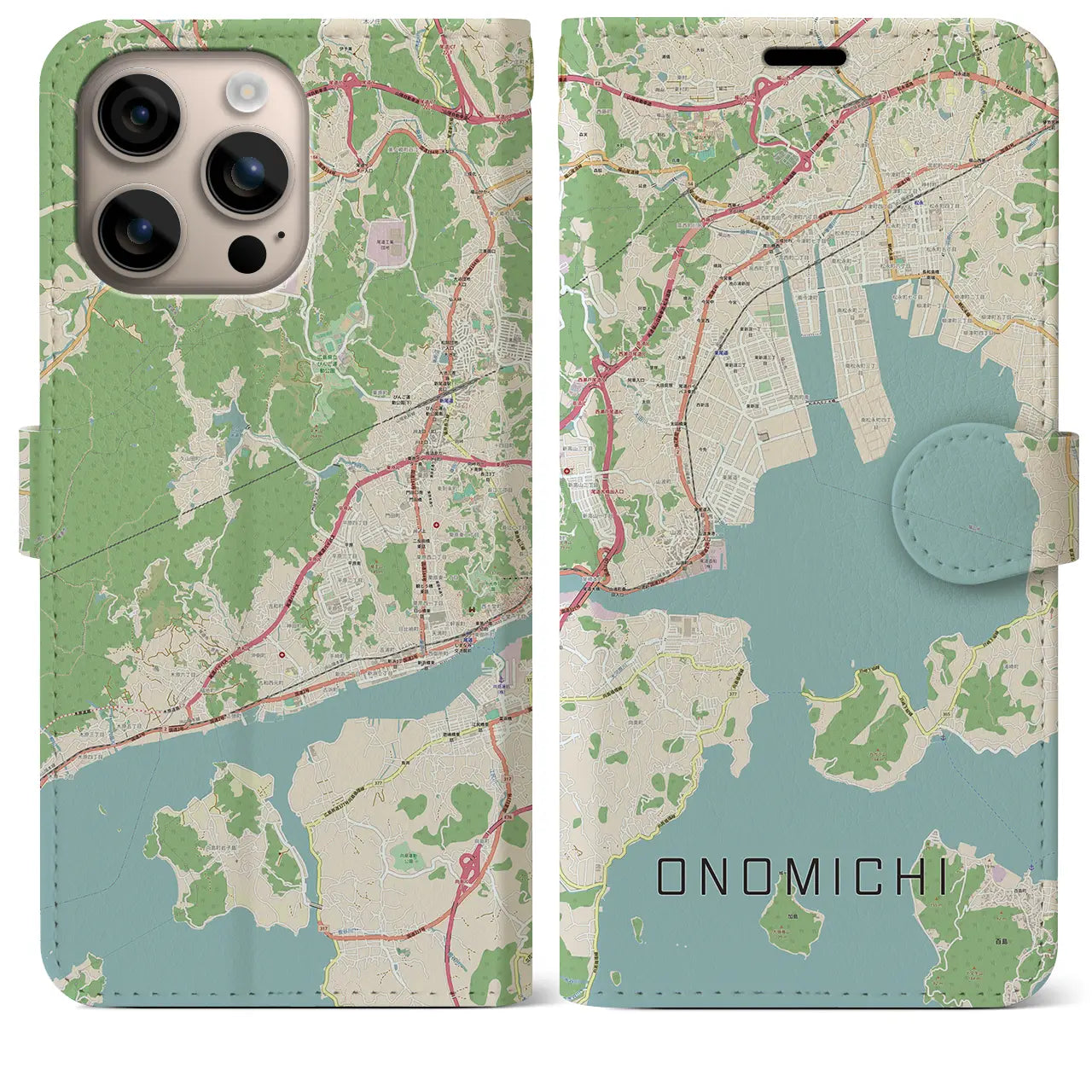 【尾道（広島県）】地図柄iPhoneケース（手帳タイプ）ナチュラル・iPhone 16 Plus 用