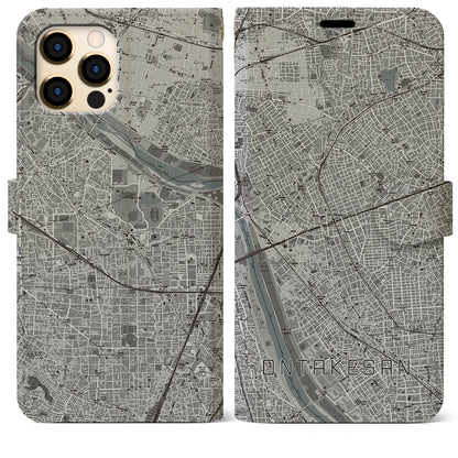 【御嶽山（東京都）】地図柄iPhoneケース（手帳タイプ）モノトーン・iPhone 12 Pro Max 用