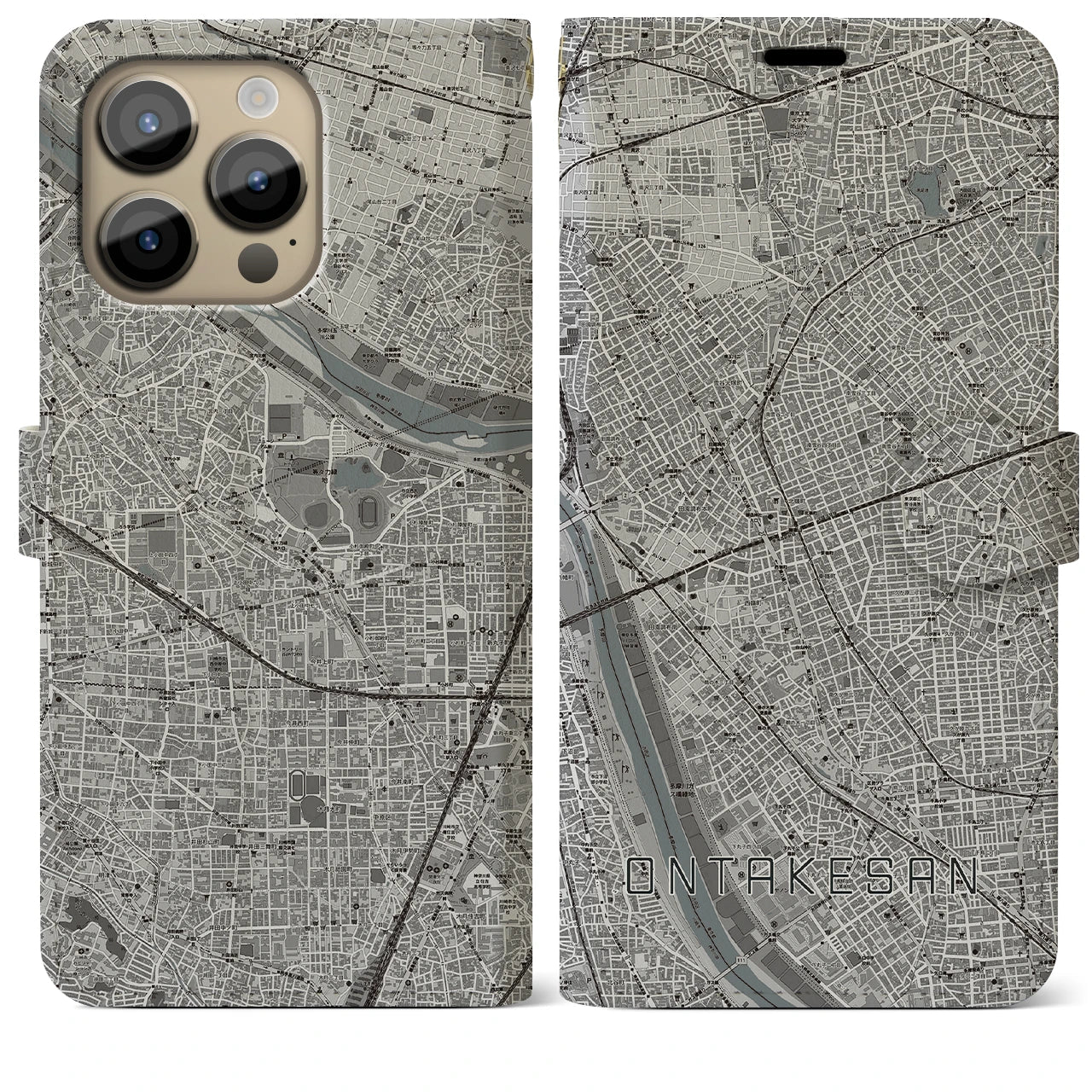 【御嶽山】地図柄iPhoneケース（手帳両面タイプ・モノトーン）iPhone 14 Pro Max 用