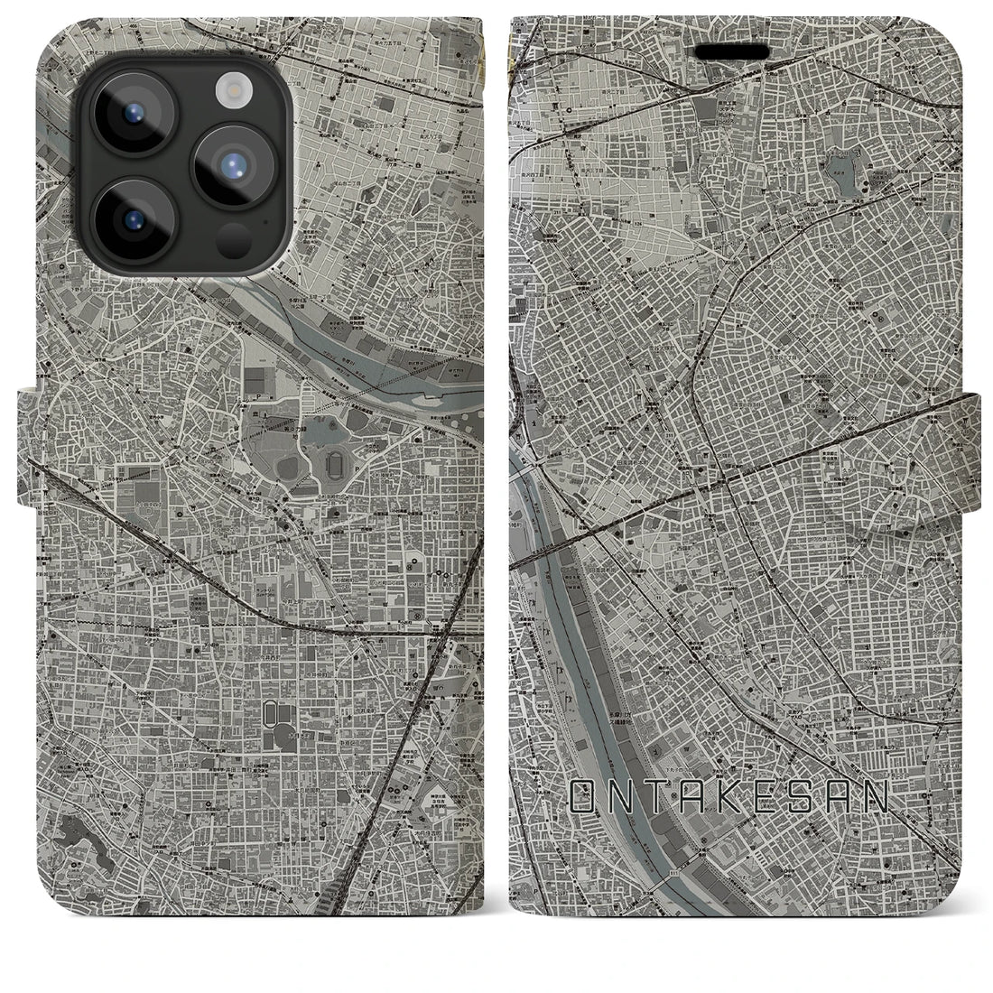 【御嶽山】地図柄iPhoneケース（手帳両面タイプ・モノトーン）iPhone 15 Pro Max 用