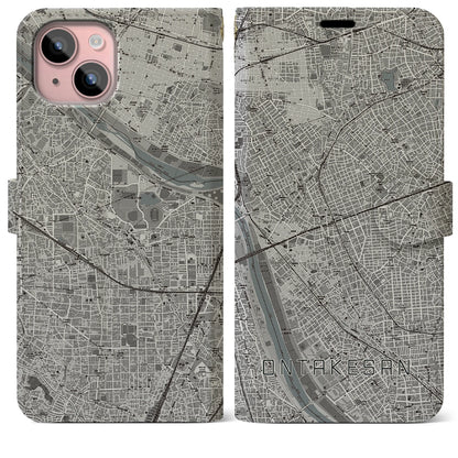 【御嶽山（東京都）】地図柄iPhoneケース（手帳タイプ）モノトーン・iPhone 15 Plus 用