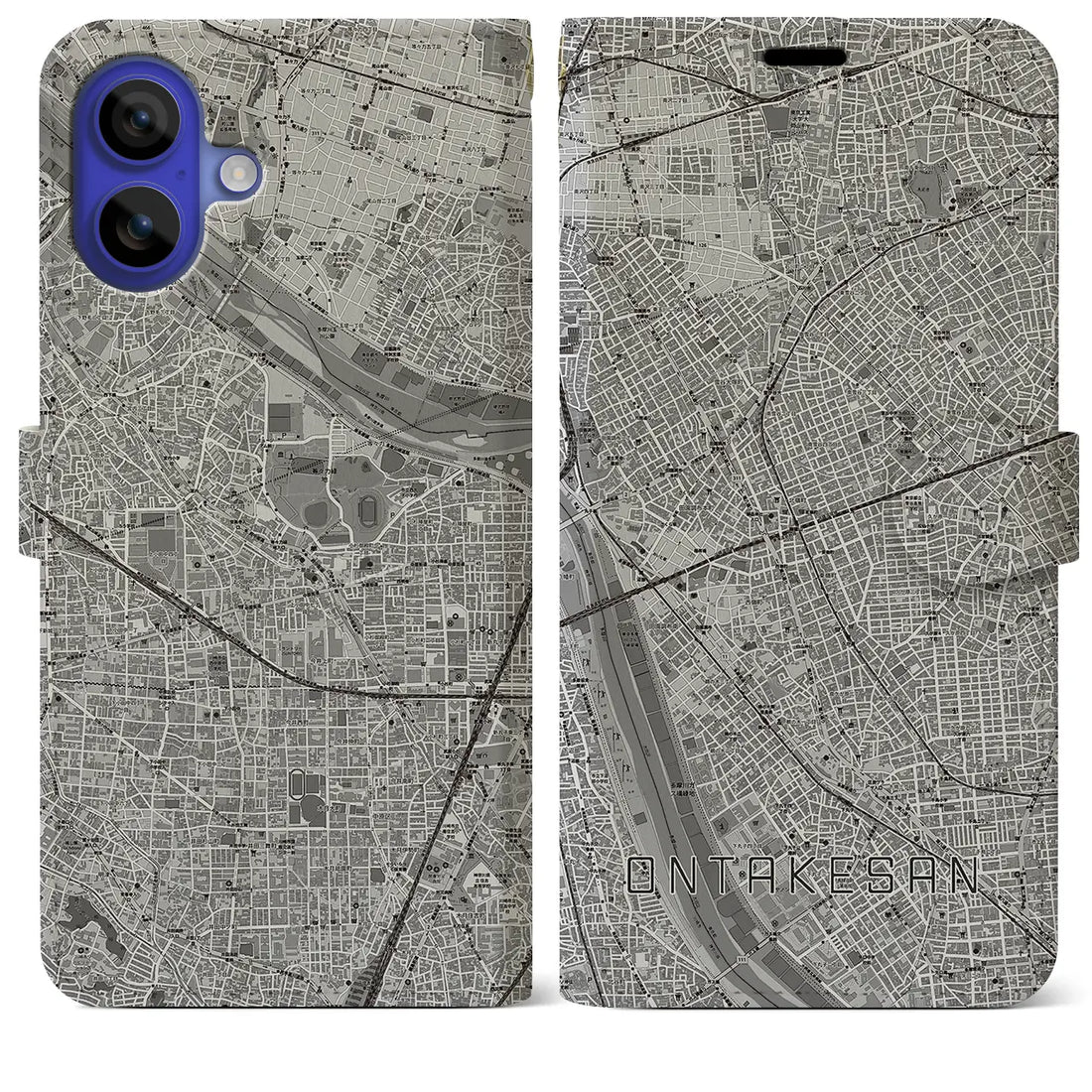 【御嶽山(東京都)】地図柄iPhoneケース(手帳タイプ)モノトーン・iPhone 16 Pro Max 用