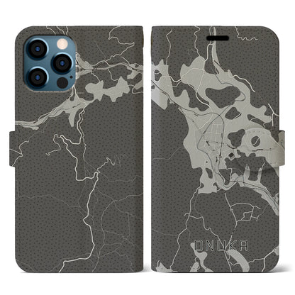 【小奴可（広島県）】地図柄iPhoneケース（手帳タイプ）モノトーン・iPhone 12 / 12 Pro 用