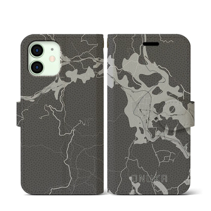 【小奴可（広島県）】地図柄iPhoneケース（手帳タイプ）モノトーン・iPhone 12 mini 用