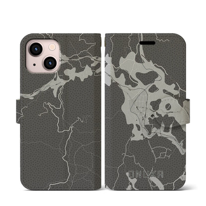 【小奴可（広島県）】地図柄iPhoneケース（手帳タイプ）モノトーン・iPhone 13 mini 用