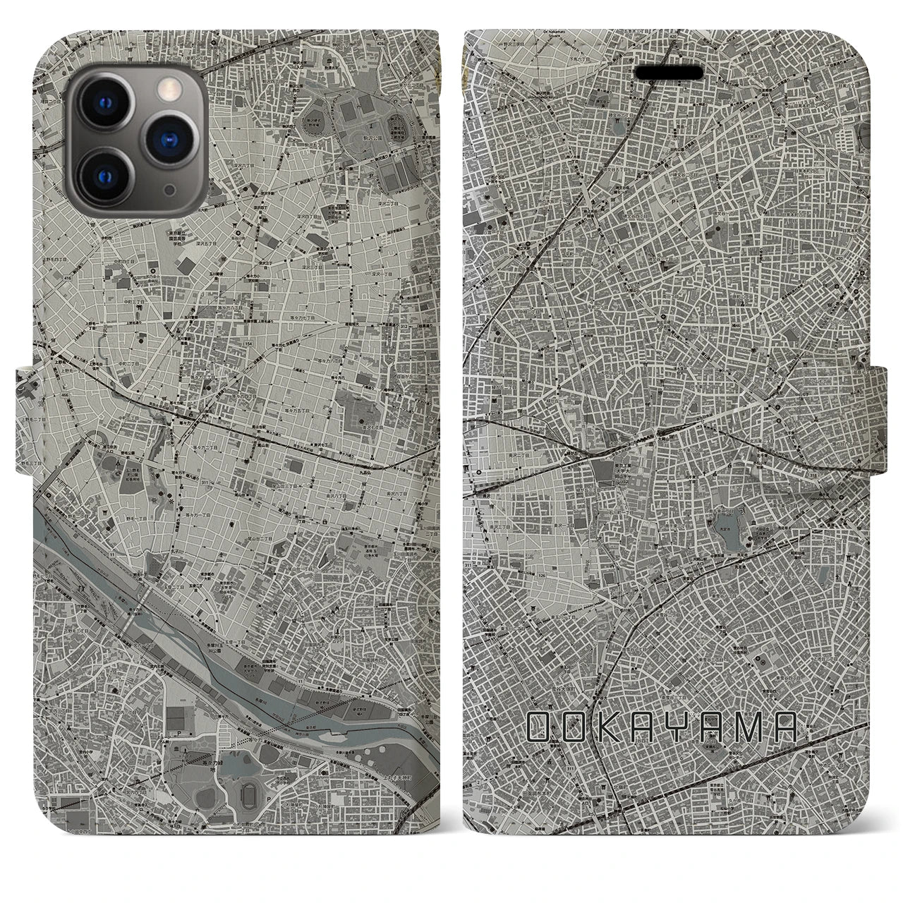 【大岡山】地図柄iPhoneケース（手帳両面タイプ・モノトーン）iPhone 11 Pro Max 用