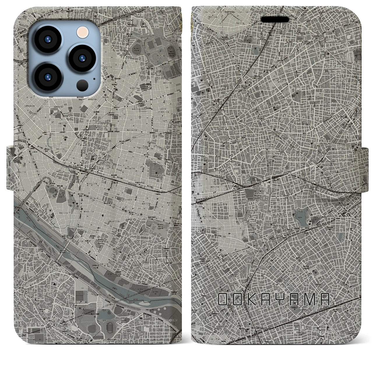 【大岡山】地図柄iPhoneケース（手帳両面タイプ・モノトーン）iPhone 13 Pro Max 用