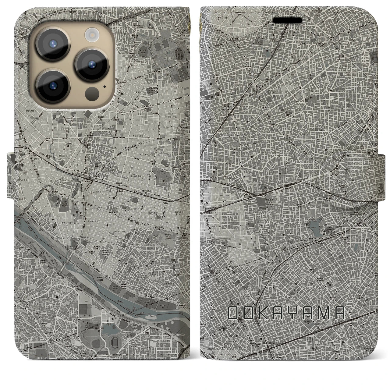 【大岡山】地図柄iPhoneケース（手帳両面タイプ・モノトーン）iPhone 14 Pro Max 用