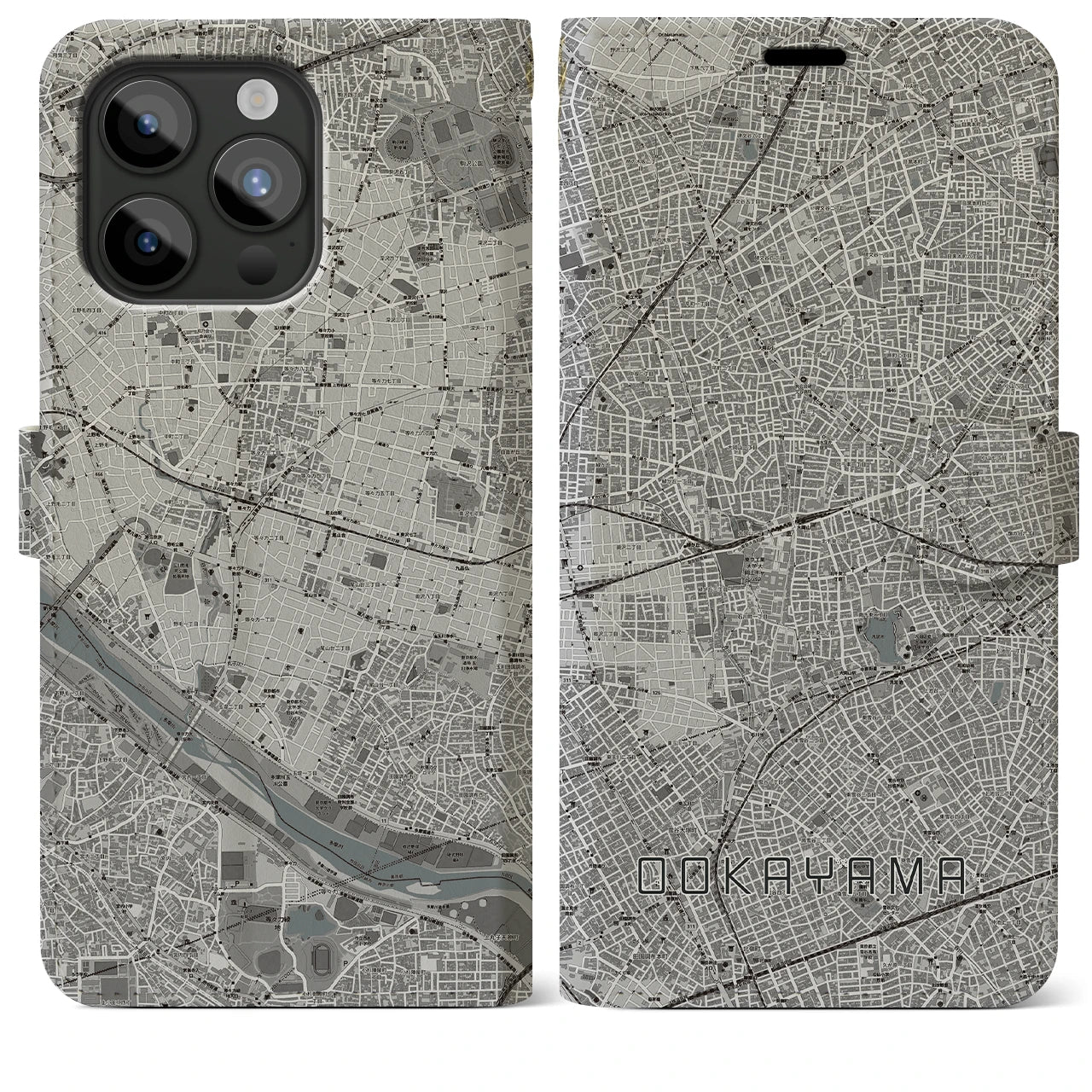 【大岡山】地図柄iPhoneケース（手帳両面タイプ・モノトーン）iPhone 15 Pro Max 用
