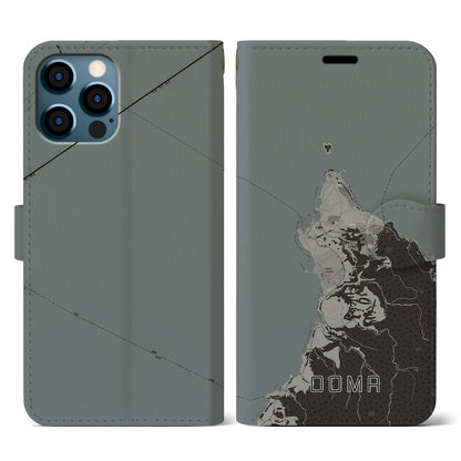 【大間（青森県）】地図柄iPhoneケース（手帳タイプ）モノトーン・iPhone 12 / 12 Pro 用