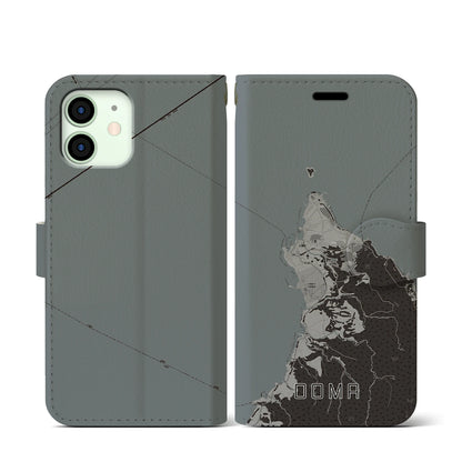 【大間（青森県）】地図柄iPhoneケース（手帳タイプ）モノトーン・iPhone 12 mini 用