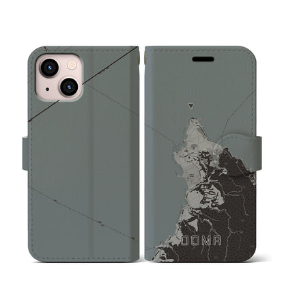 【大間（青森県）】地図柄iPhoneケース（手帳タイプ）モノトーン・iPhone 13 mini 用