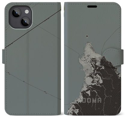 【大間（青森県）】地図柄iPhoneケース（手帳タイプ）モノトーン・iPhone 14 Plus 用