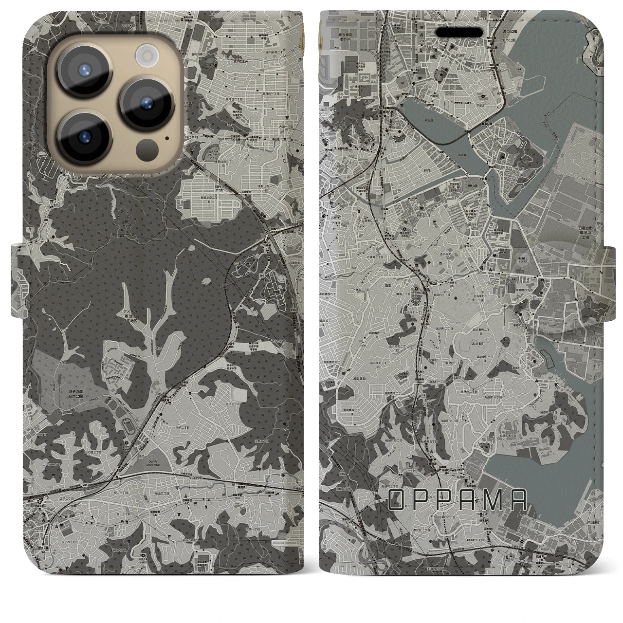 【追浜】地図柄iPhoneケース（手帳両面タイプ・モノトーン）iPhone 14 Pro Max 用
