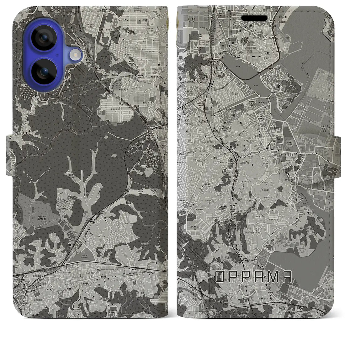 【追浜(神奈川県)】地図柄iPhoneケース(手帳タイプ)モノトーン・iPhone 16 Pro Max 用