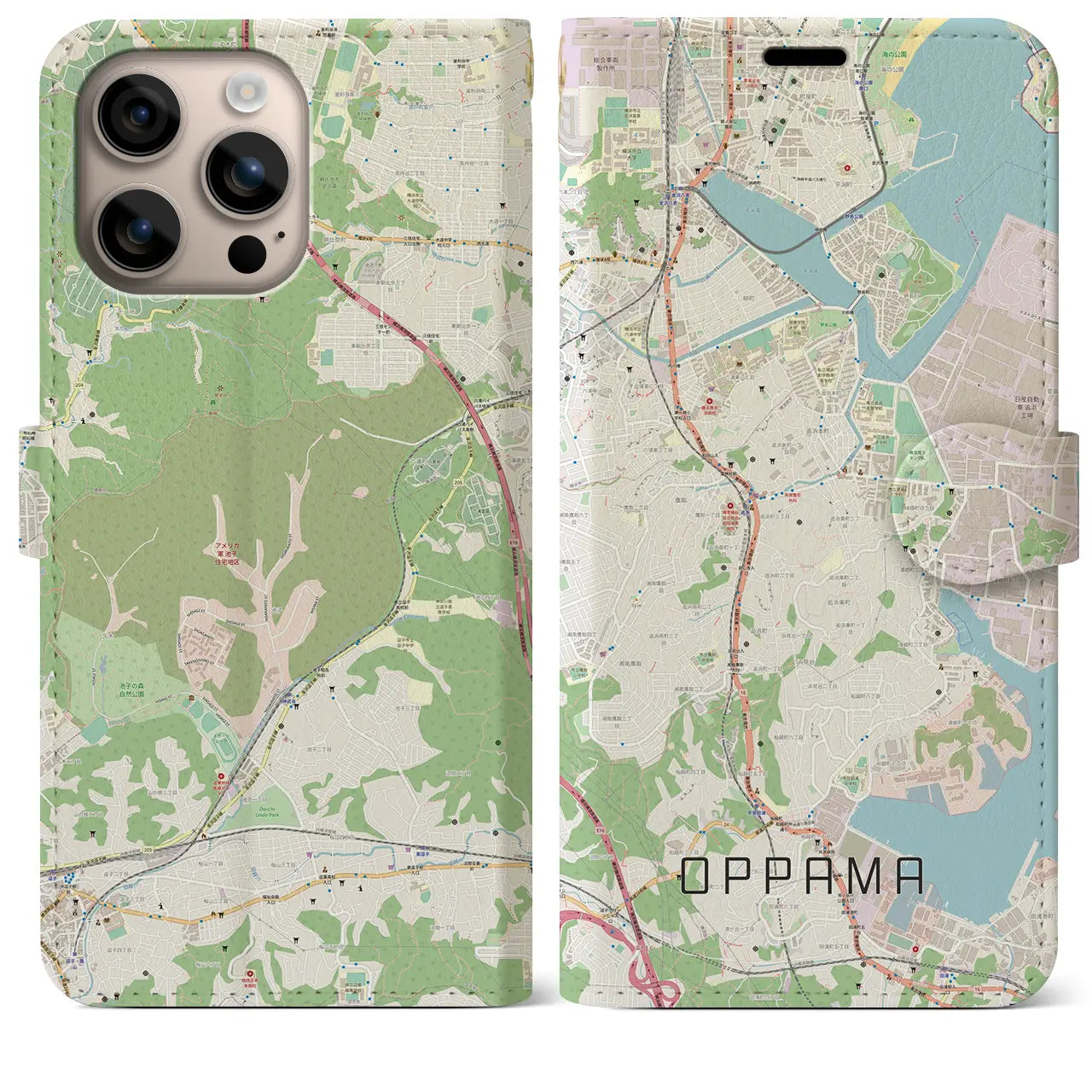 【追浜（神奈川県）】地図柄iPhoneケース（手帳タイプ）ナチュラル・iPhone 16 Plus 用