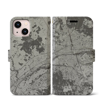 【オルレアン（フランス）】地図柄iPhoneケース（手帳タイプ）モノトーン・iPhone 13 mini 用